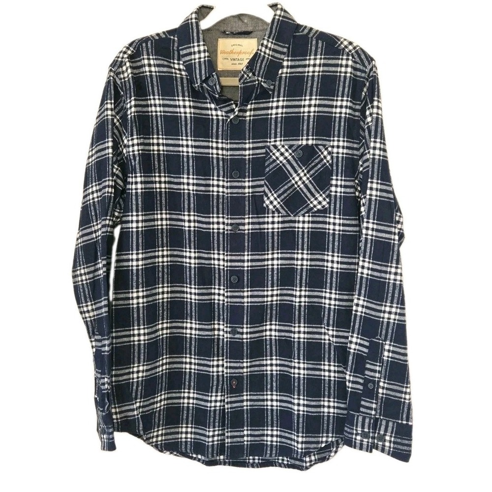 Weatherproof Vintage Men's Flannel Shirt Blue Cotton Plaid‎ Soft Size Small